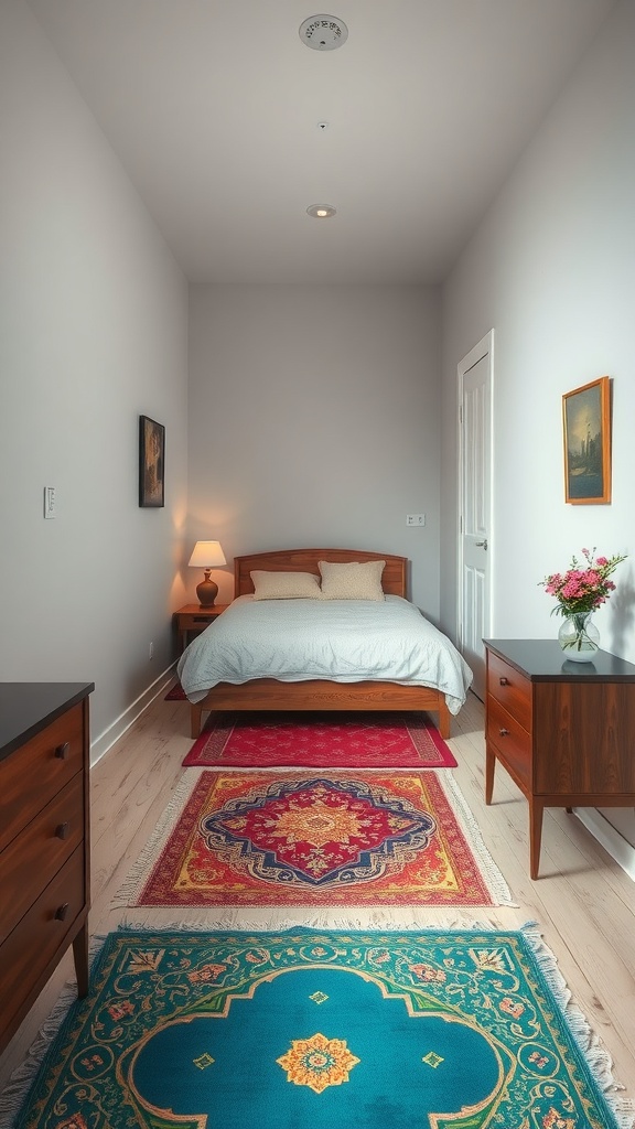 A long narrow bedroom featuring layered area rugs beneath a bed and beside wooden furniture.