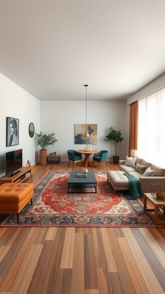 A long rectangle living room layout with a central area rug, seating, and a dining area.
