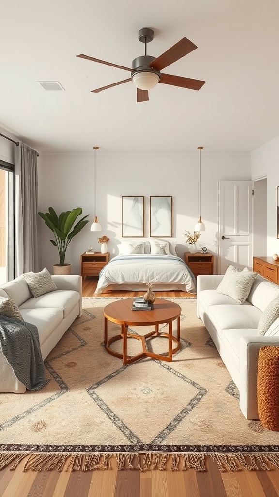A cozy open concept living room with two sofas, a coffee table, and a large area rug.