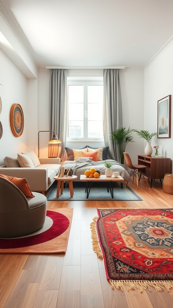 A cozy small apartment with area rugs defining different zones, featuring a round rug and a larger patterned rug.