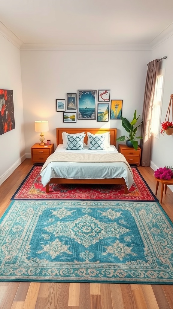 A small bedroom featuring two area rugs, one blue under the bed and one red nearby, creating distinct zones.