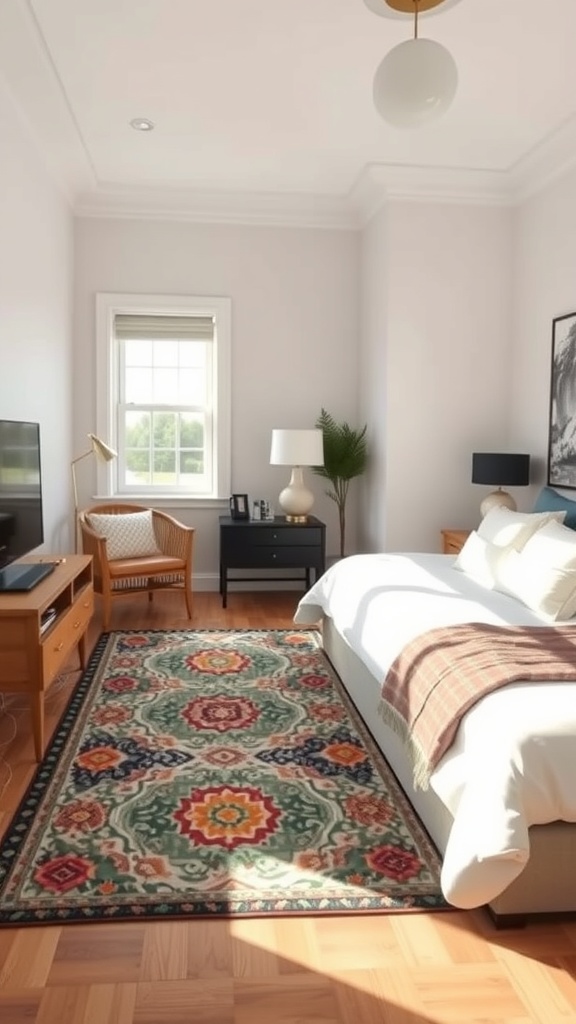 A small bedroom featuring a king bed with a colorful area rug underneath, creating a cozy and defined space.