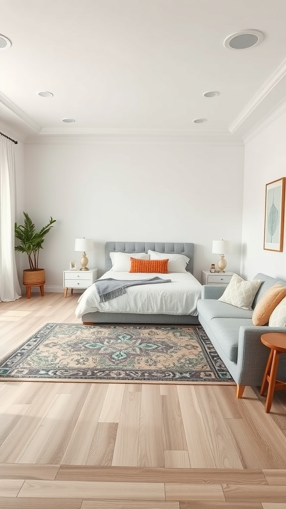 A stylish bedroom featuring a bed, a sofa, and an area rug that creates a cozy zone.