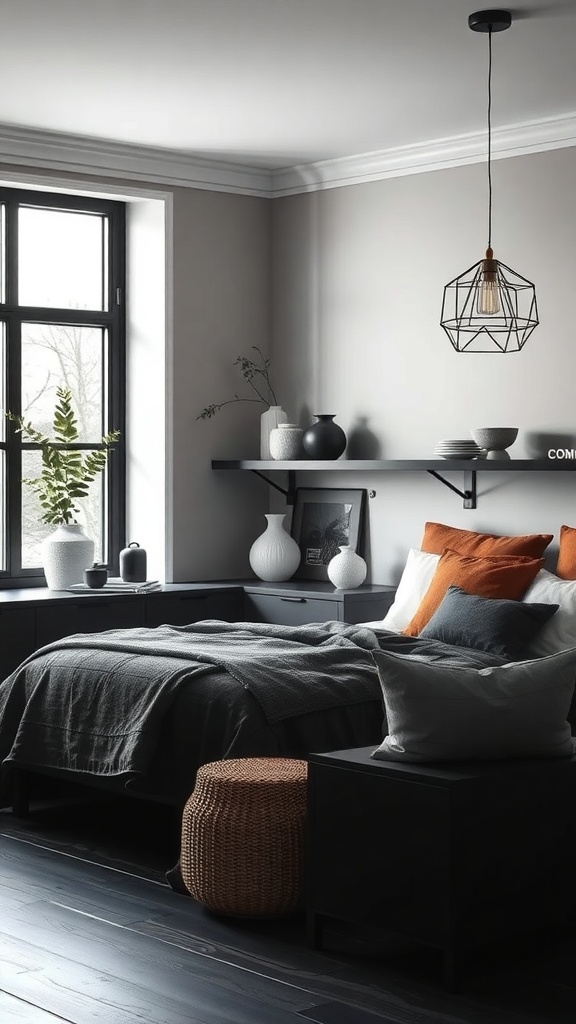 A moody kitchen with a cozy vibe, featuring a mix of muted tones and warm orange cushions.