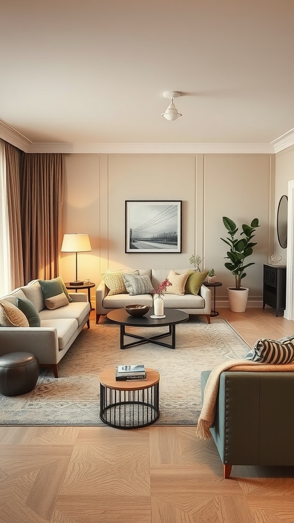 A stylish beige living room with a cozy furniture arrangement.