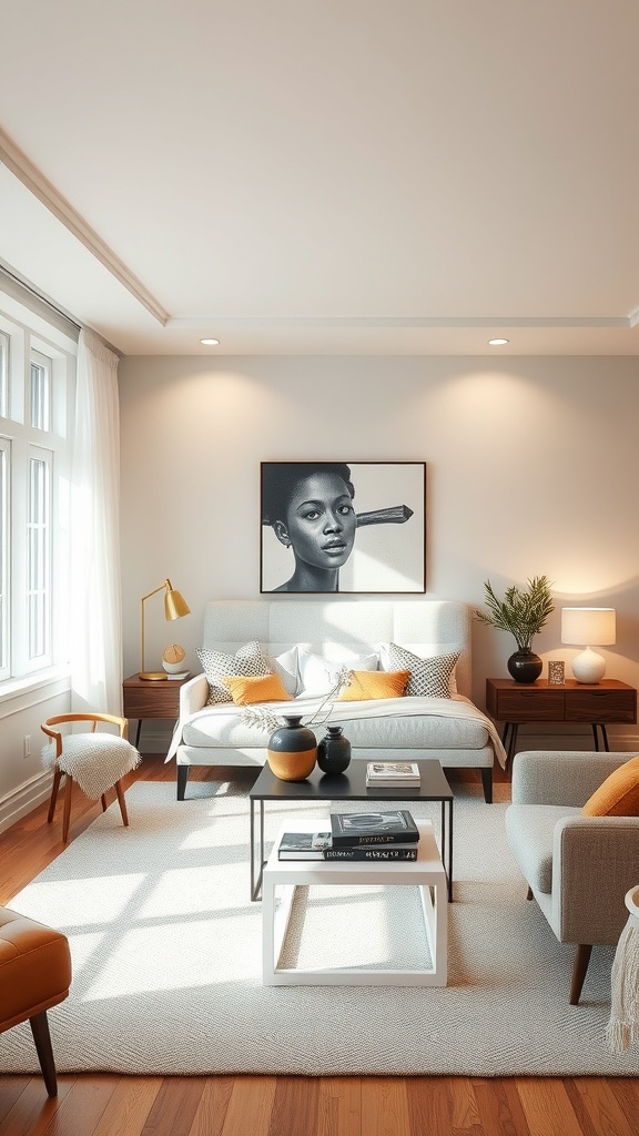 A stylish living room with a sofa, floor lamp, and table lamps creating distinct lighting zones.