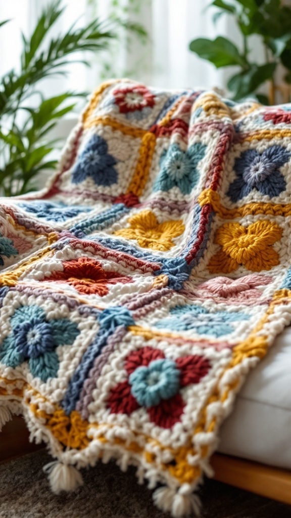 A cozy crochet blanket with colorful puff stitch squares, placed on a white couch surrounded by indoor plants.