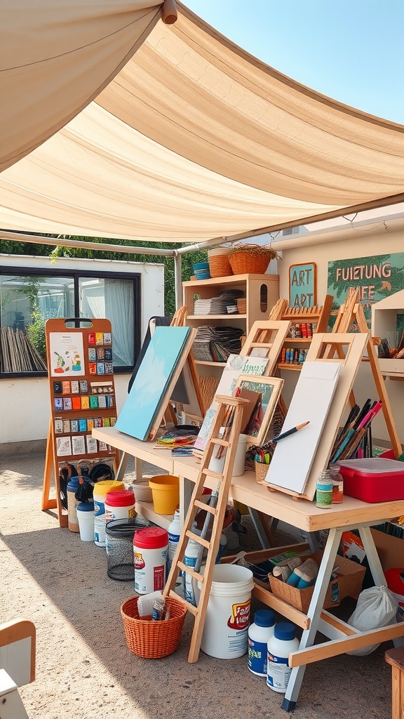 Outdoor creative art and craft station set up for kids.