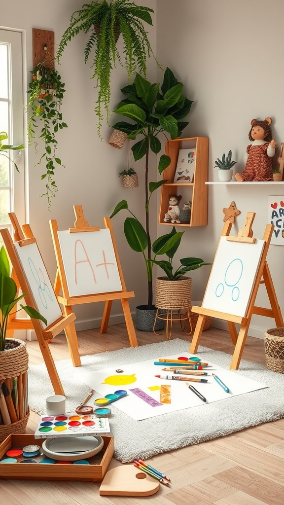 A bright and colorful toddler art corner with easels, art supplies, and plants.