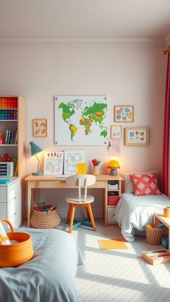 A cozy and colorful preschooler art studio setup with a desk, colorful lamp, world map, and art supplies.