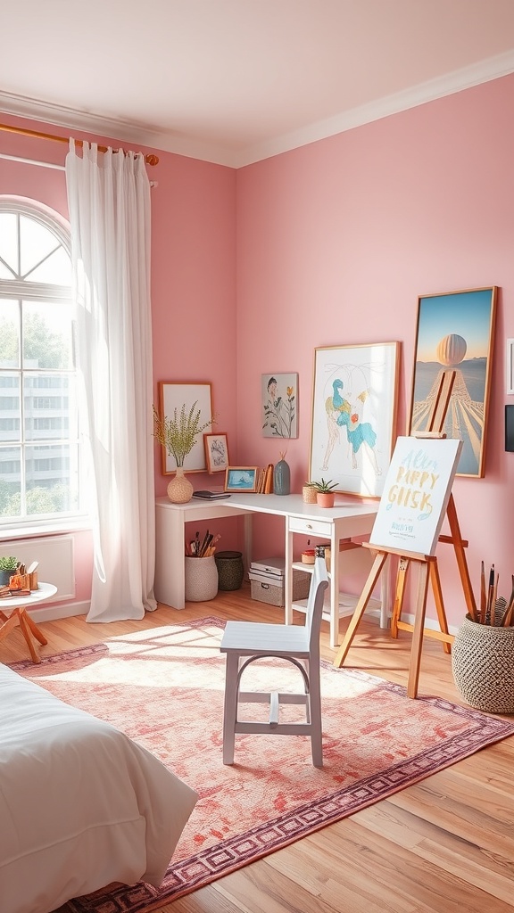 A pink bedroom featuring an art studio space with a desk, easel, and artwork on the walls.