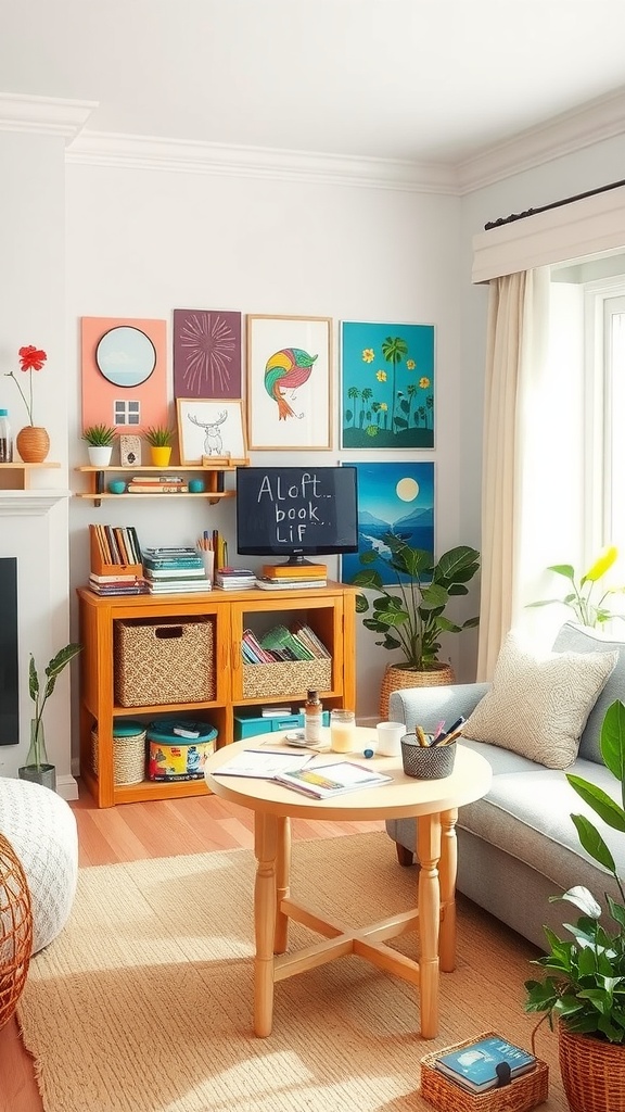 A cozy living room corner featuring a creative arts and crafts station for kids.