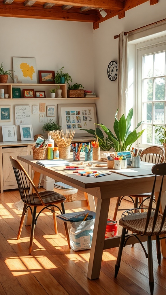 A bright and inviting arts and crafts zone with a spacious table, colorful supplies, and natural light.