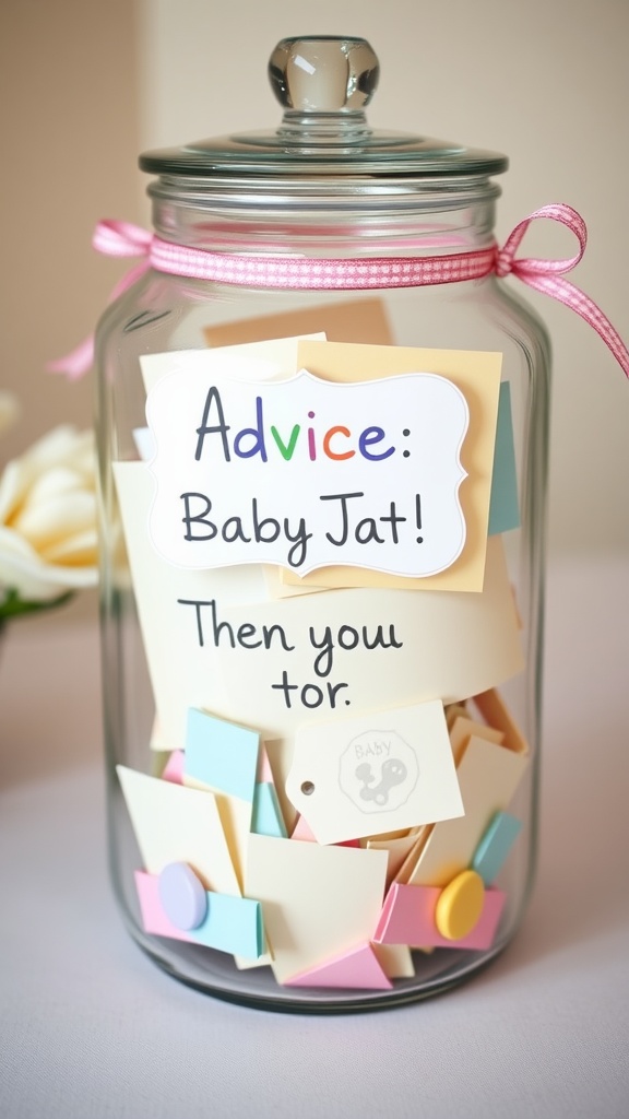 A glass jar filled with colorful notes for baby advice, decorated with a pink ribbon.