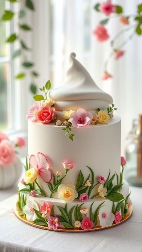 A beautifully designed garden-themed cake with floral decorations.