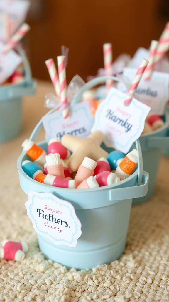 Colorful baby shower favors in blue buckets filled with candies and personalized tags.