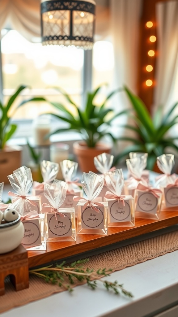 A beautifully arranged table with baby shower favors in clear boxes, tied with pink ribbons, surrounded by plants and warm lighting.
