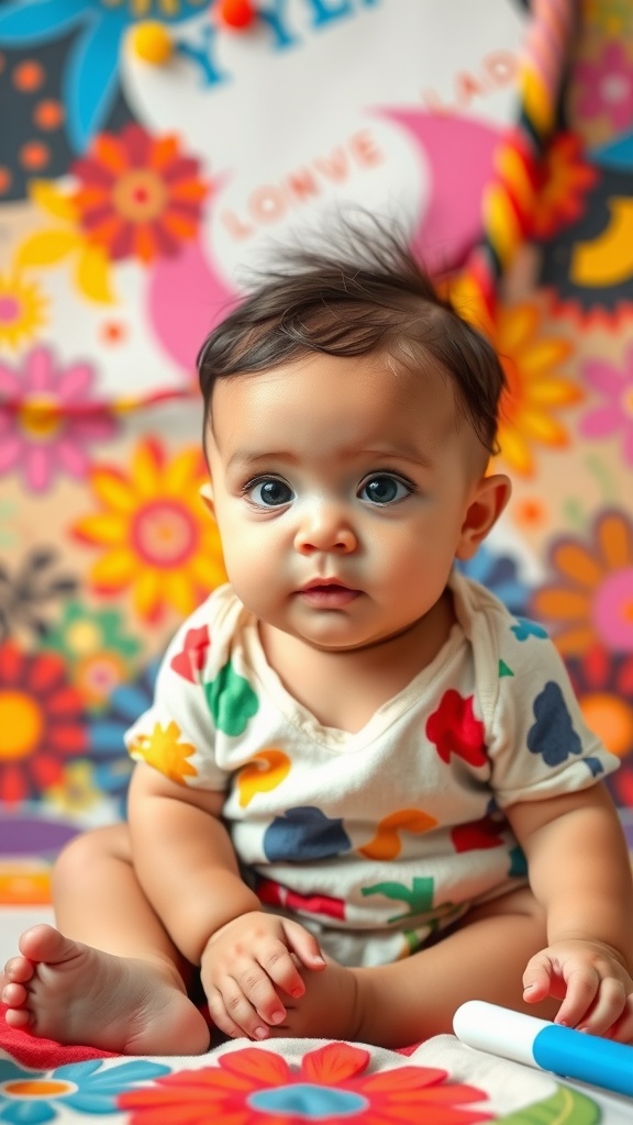 A three-month-old baby sitting on a colorful floral backdrop, looking curiously at the camera.
