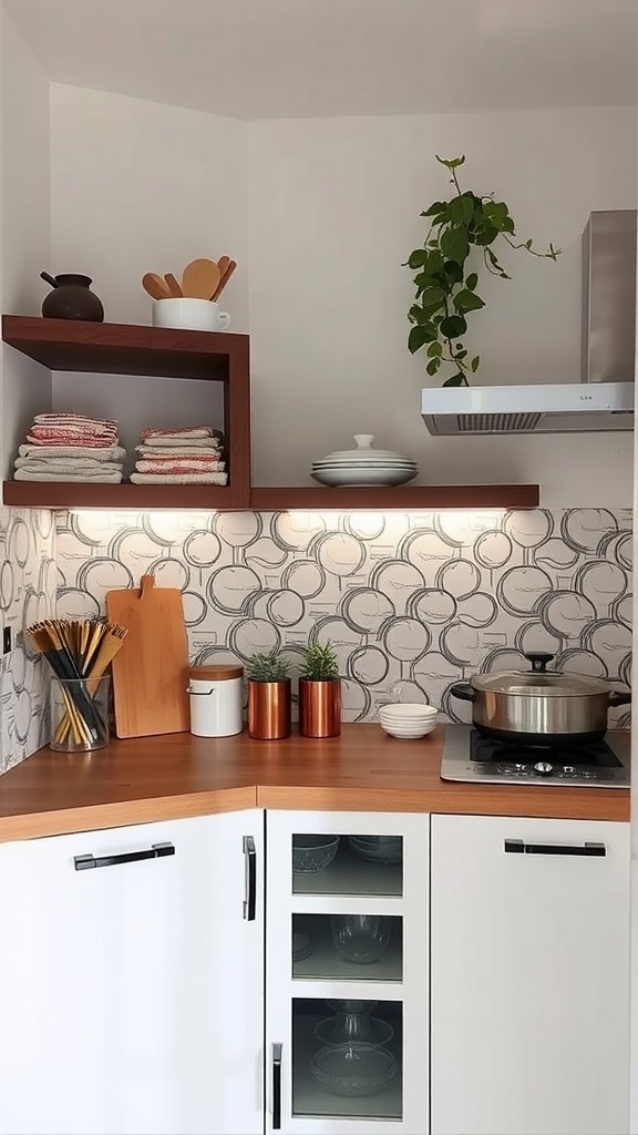 A cozy corner kitchen with a unique circular patterned backsplash, wooden countertop, and open shelving.