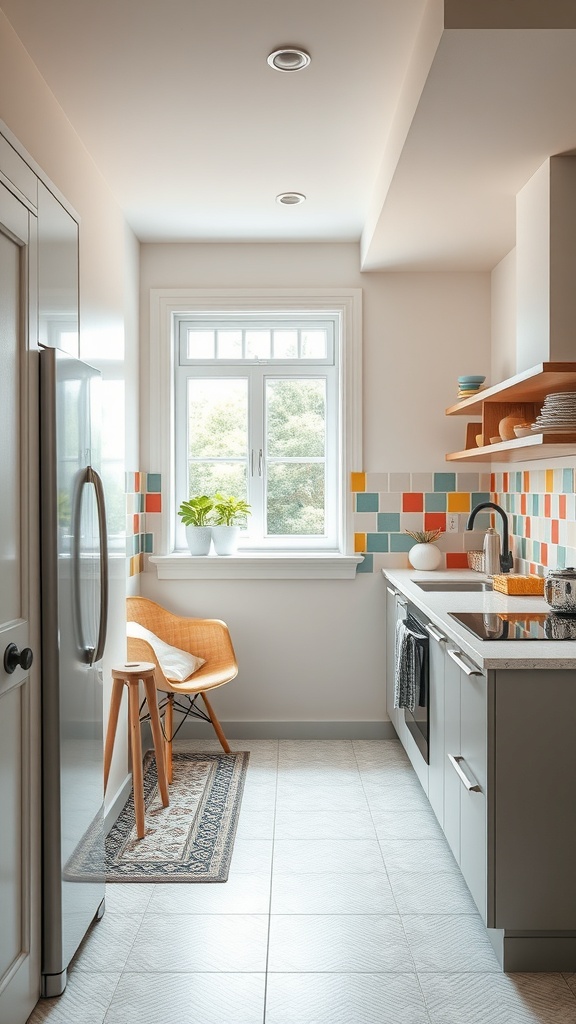 A small kitchen featuring a colorful tile backsplash, modern cabinetry, and a cozy seating area.