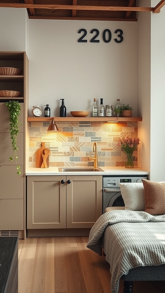 Cozy kitchen with a creative backsplash featuring patterned tiles and wooden accents.