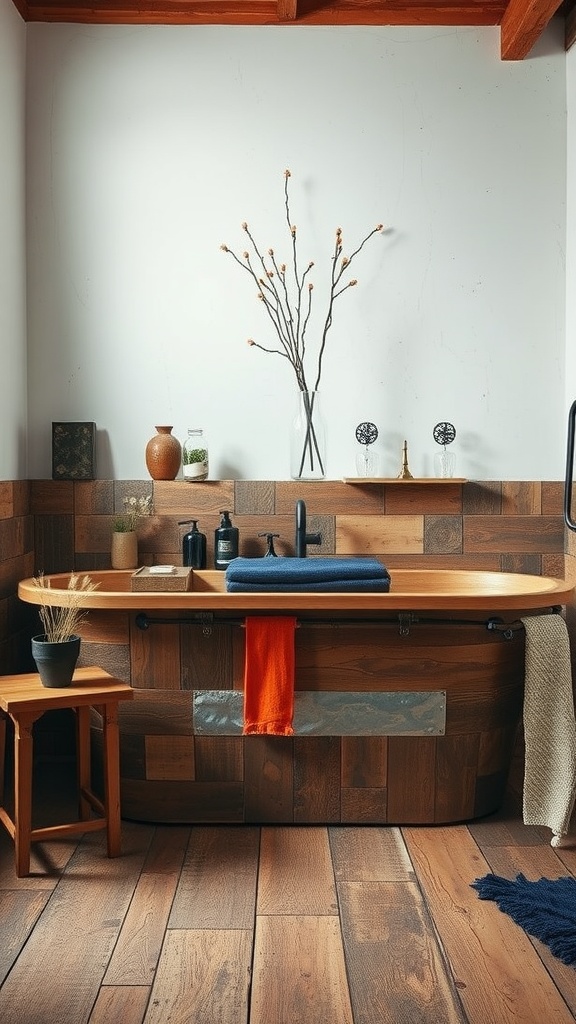 A modern rustic bathroom featuring a wooden bathtub, wooden wall, and stylish decor.