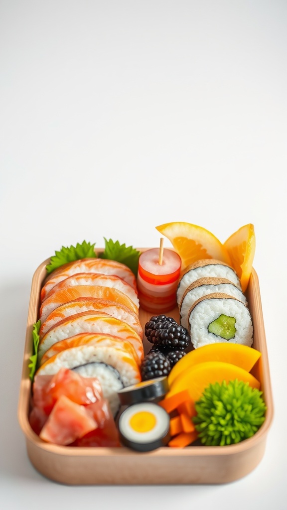 A colorful bento box filled with sushi, fruits, and vegetables.