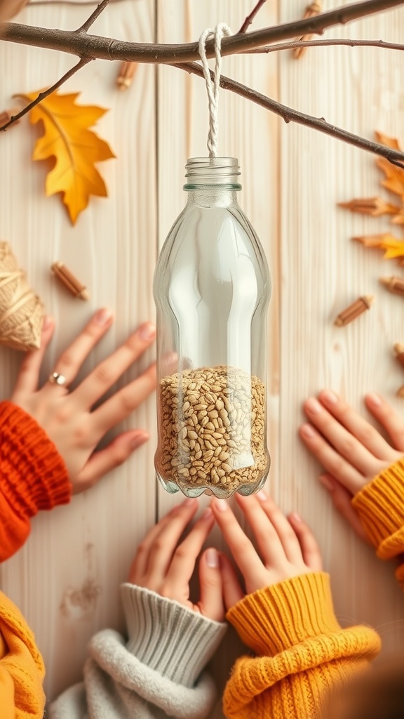 A homemade bird feeder made from a plastic bottle, filled with bird seeds, hanging from a branch. Two sets of hands in cozy sweaters are reaching towards it.