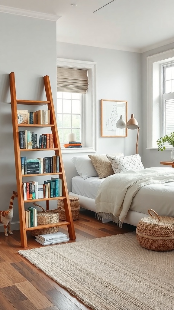 Wooden ladder used as a book display in a cozy bedroom setting