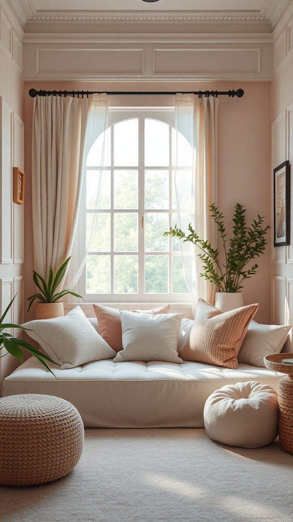 Cozy book nook with white couch, pillows, and plants