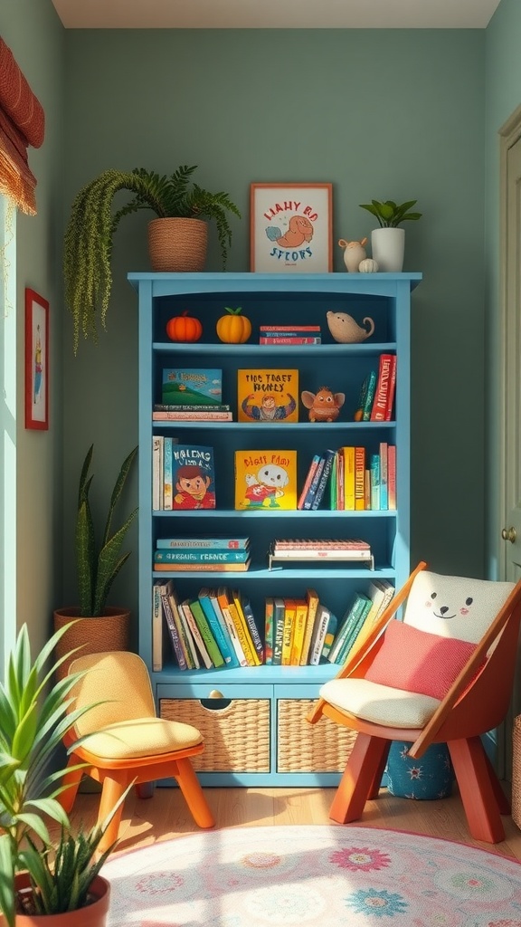 A colorful kids bookshelf filled with books, decorated with plants and a cozy seating area.