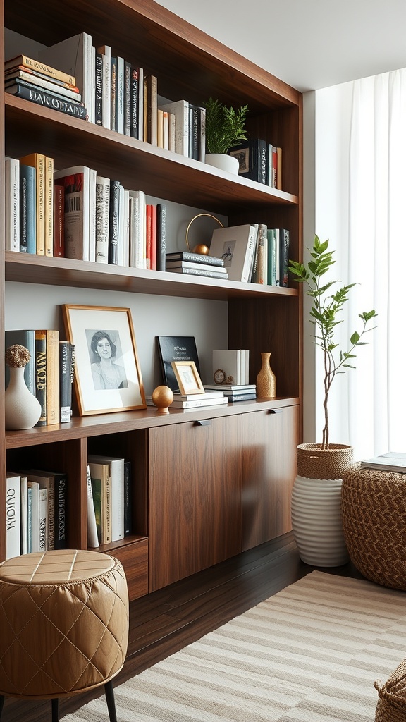 A modern living room bookshelf featuring books, decorative items, and stylish bookends.