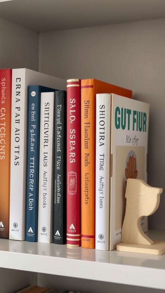 A neatly organized bookshelf with colorful books and a unique wooden bookend