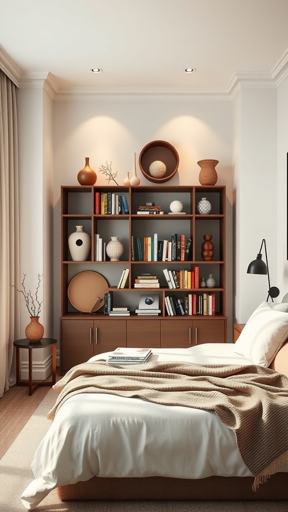 A cozy bedroom featuring a stylish wooden bookshelf filled with books and decorative items, alongside a neatly made bed with a soft blanket.