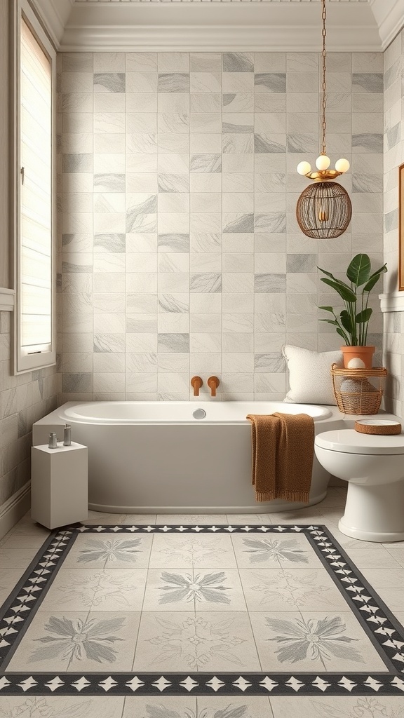 A modern bathroom featuring creative border tiles around the floor, enhancing the overall design.