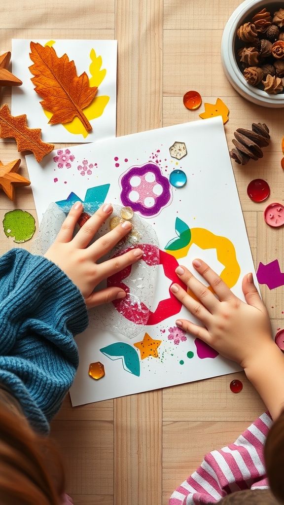 Children creating art using bubble wrap printing with colorful paints and decorations.