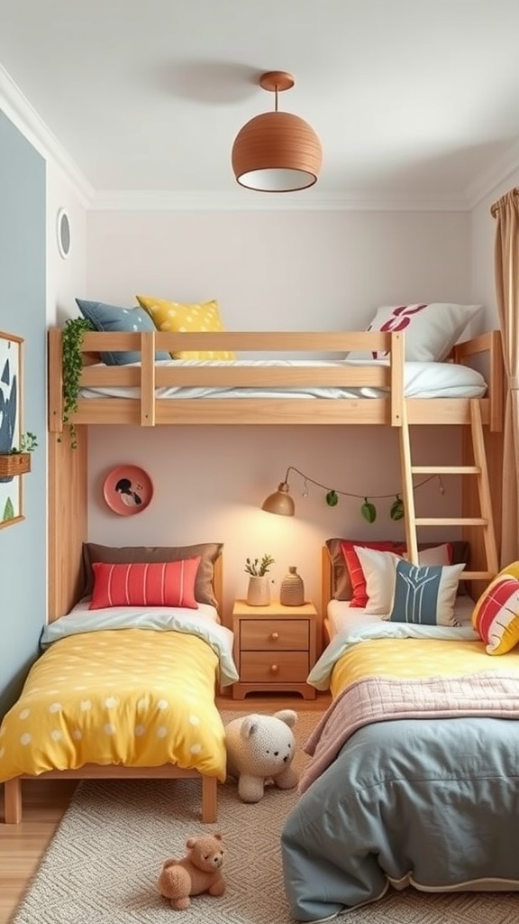 A cozy kids bedroom featuring a wooden bunk bed and colorful bedding.