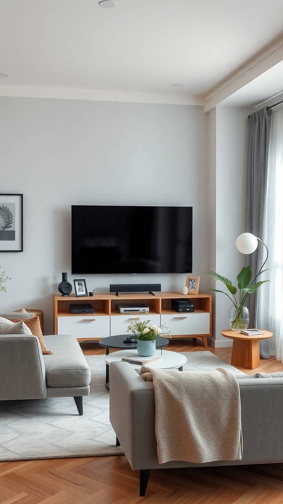 A modern living room with a wall-mounted TV, stylish media console, and cozy seating arrangement.