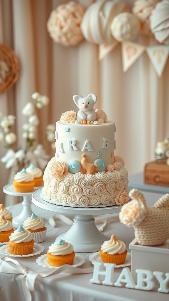 A beautifully decorated cake with a bear on top, surrounded by cupcakes and decorative elements for a baby shower.