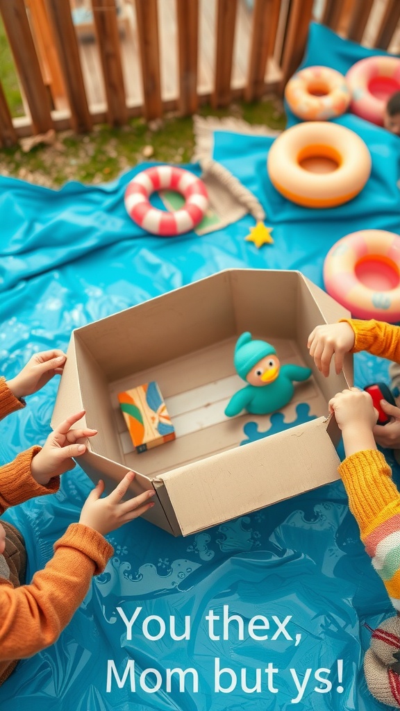 Kids playing with a cardboard box, pretending it's a boat with colorful pool rings around.