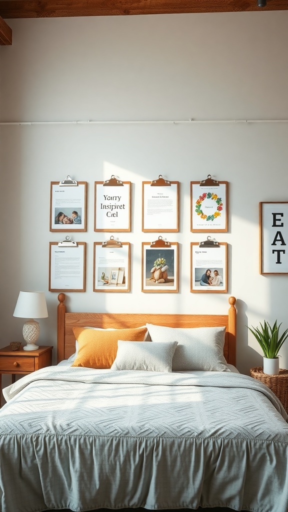 A cozy bedroom with a wall of clipboards displaying various artworks and photos.