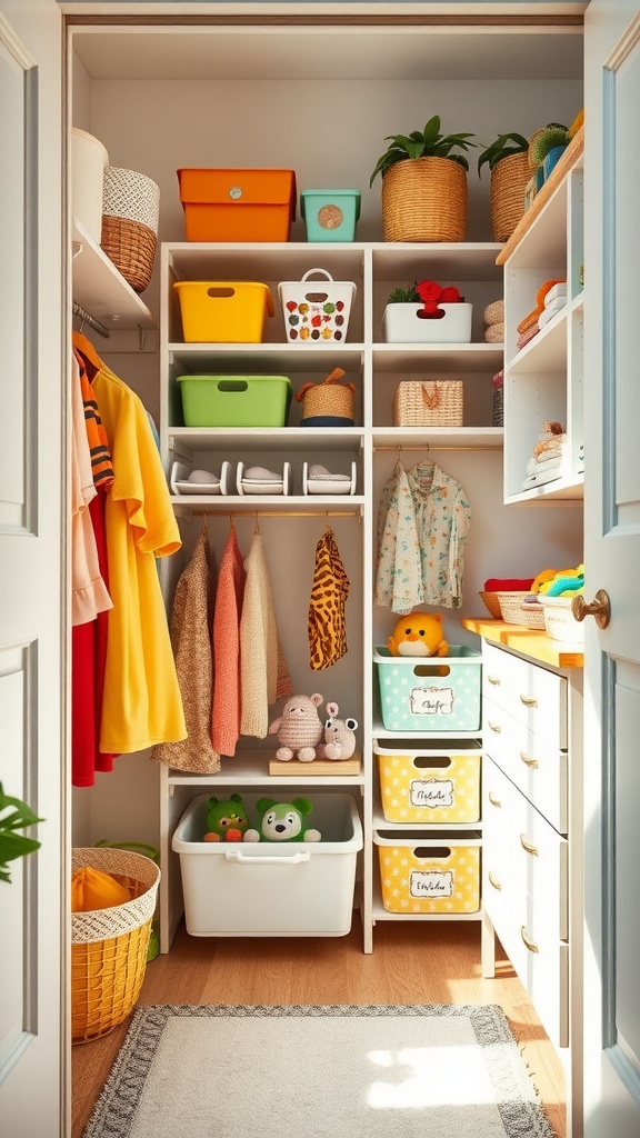 A colorful and organized kids closet featuring shelves with bins, hanging clothes, and stuffed animals.