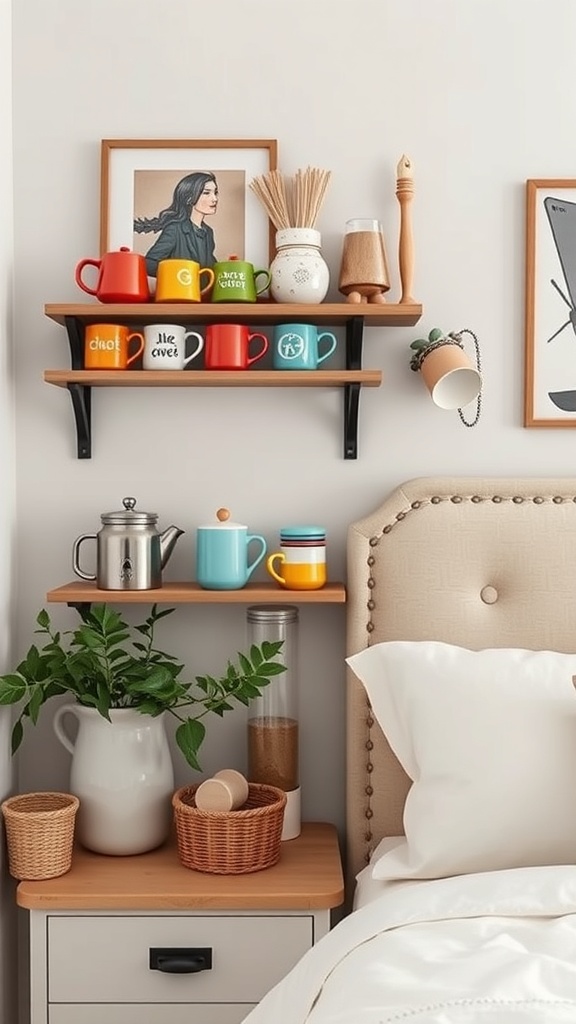 A cozy coffee mug display on shelves above a bedside table, featuring colorful mugs, a coffee pot, and decorative items.