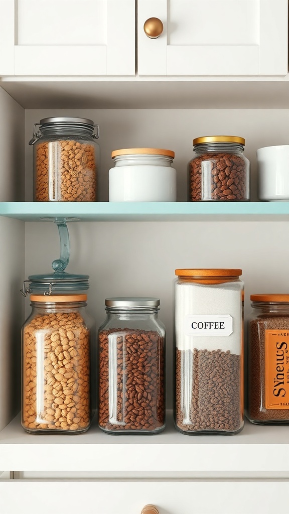 A neatly organized kitchen shelf with various jars for coffee and snacks.