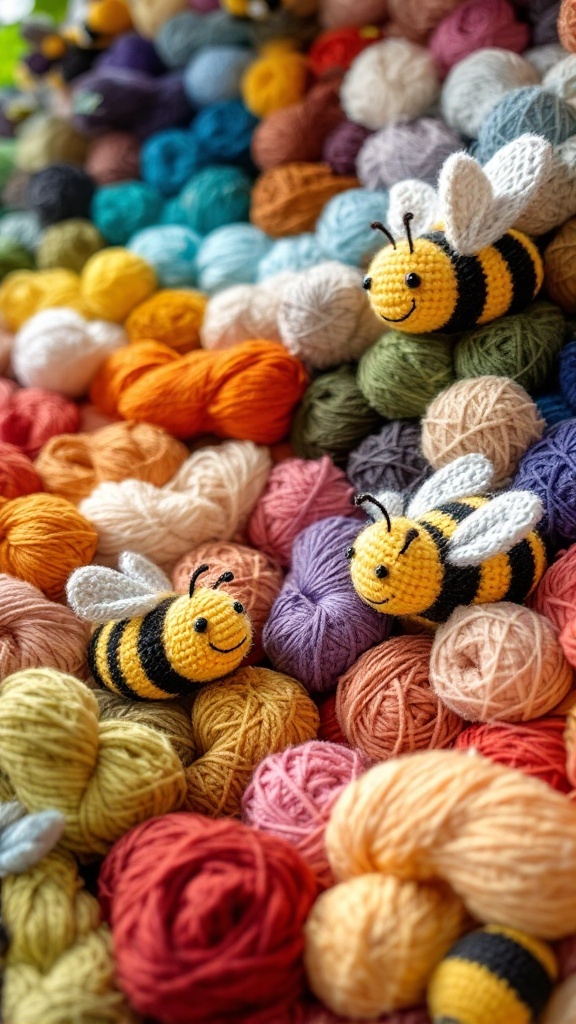 Colorful yarns with crocheted bees on top