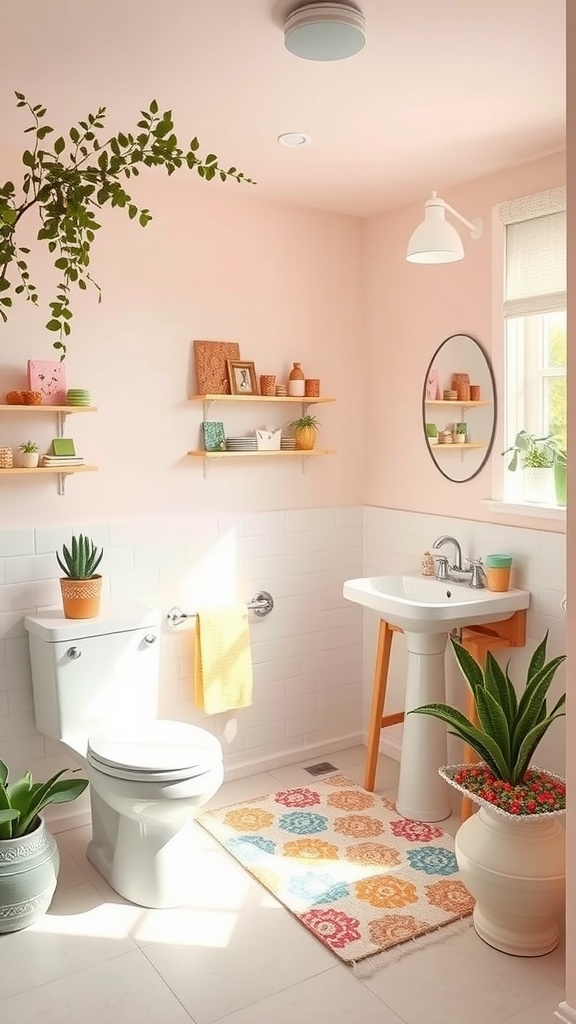 A colorful kids' bathroom with pink walls, decorative shelves, and vibrant plants.