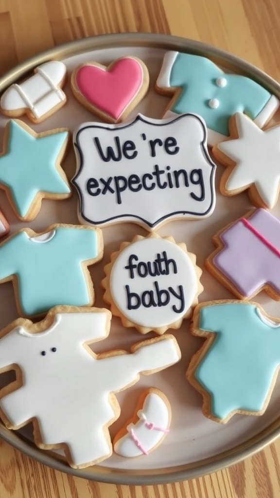 A tray of decorated cookies announcing a fourth baby with phrases and baby-themed shapes.