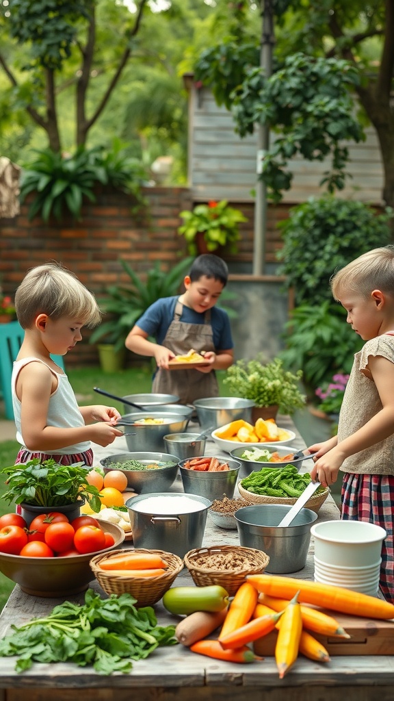 Children cooking together in a backyard with various fresh vegetables and ingredients.