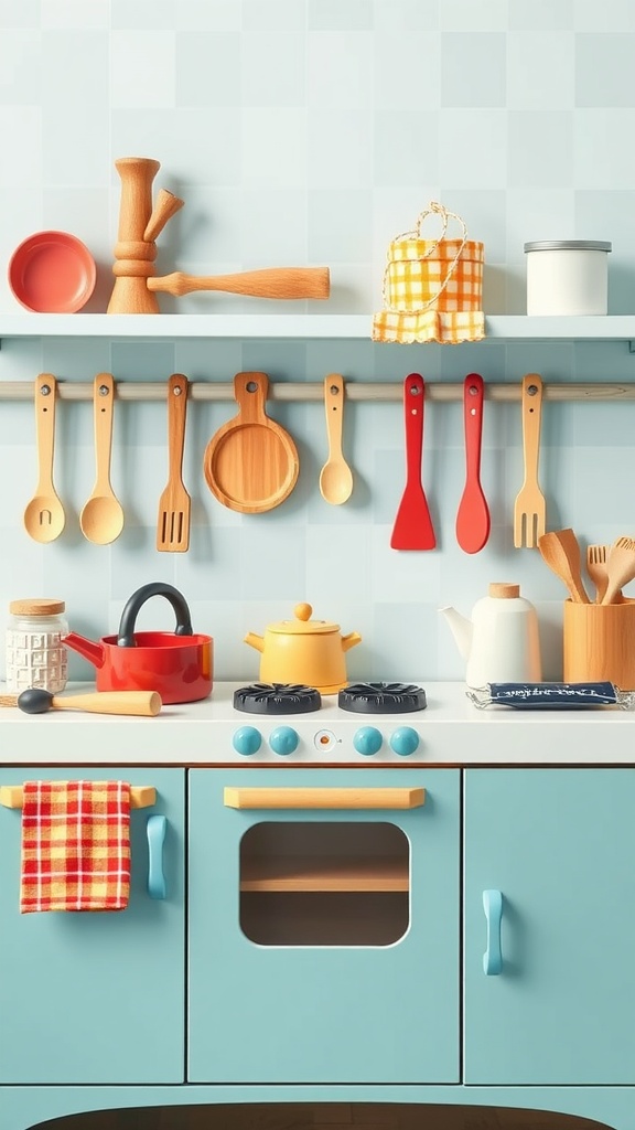 A colorful kitchen scene with wooden cooking utensils, bright pots, and a cheerful checkered towel.