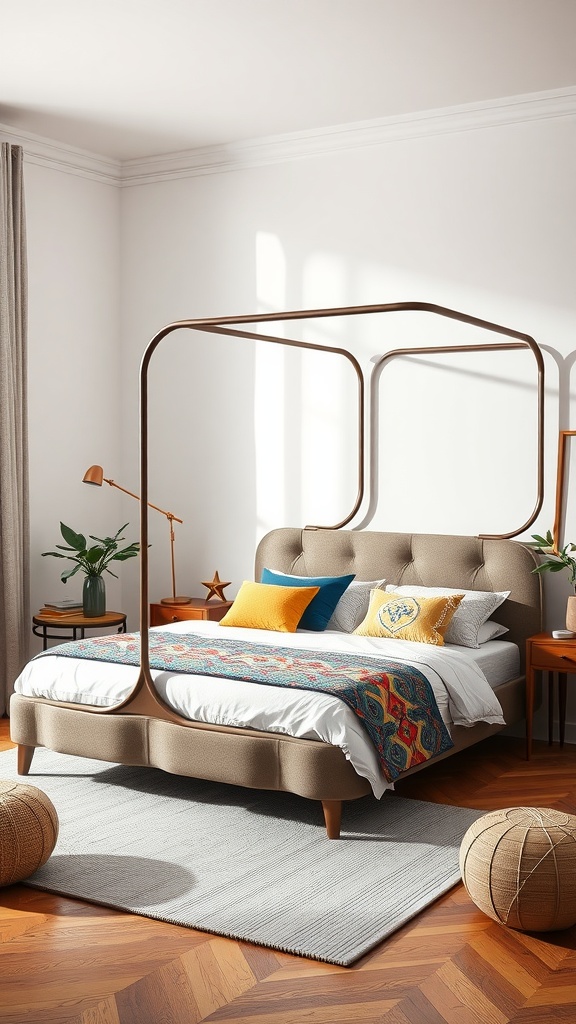Stylish corner bed with a unique frame and colorful pillows in a cozy bedroom